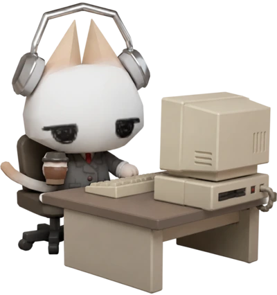 Personaje de Jorge con audífonos y una taza de café