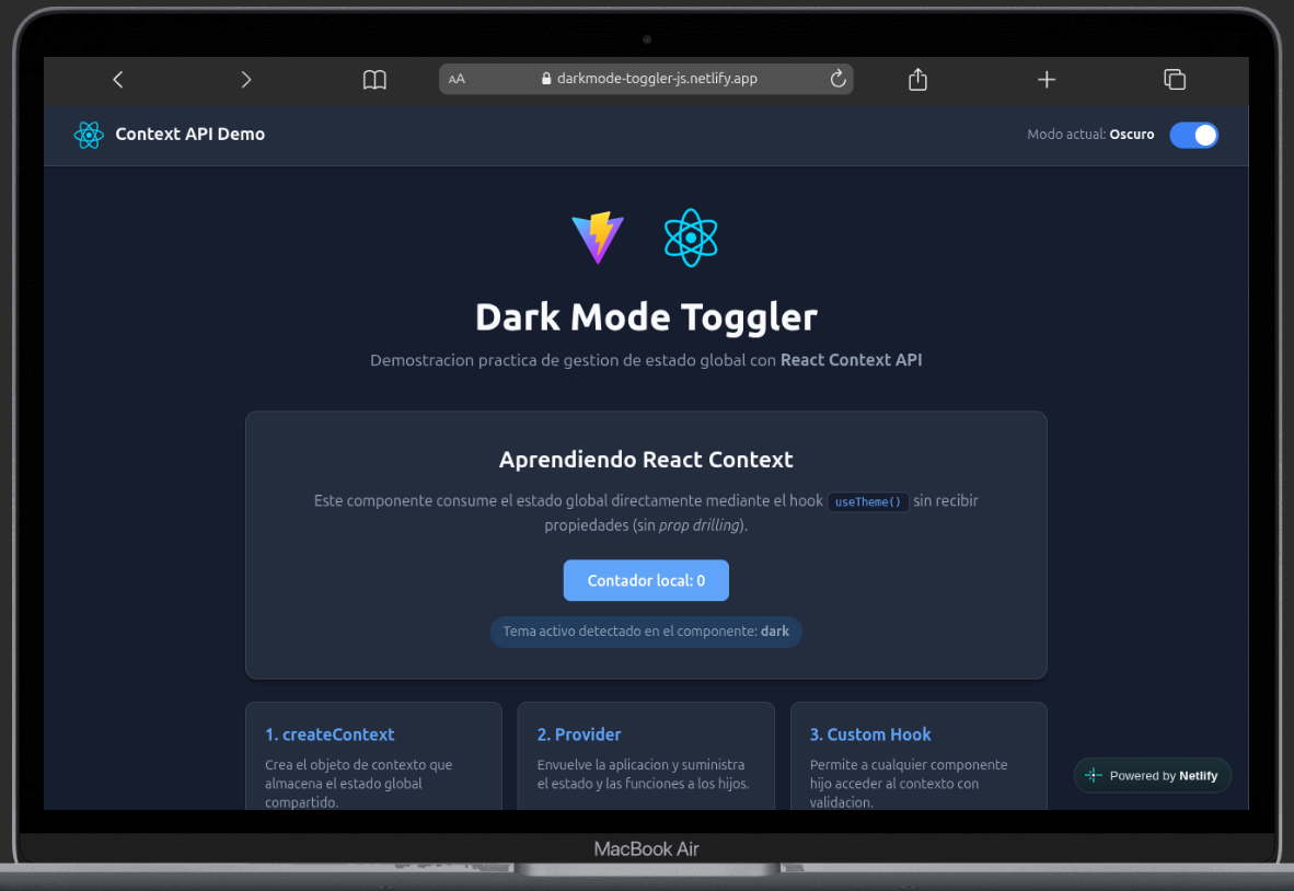 Interfaz de la aplicación Darkmode Toggler mostrando el cambio de tema