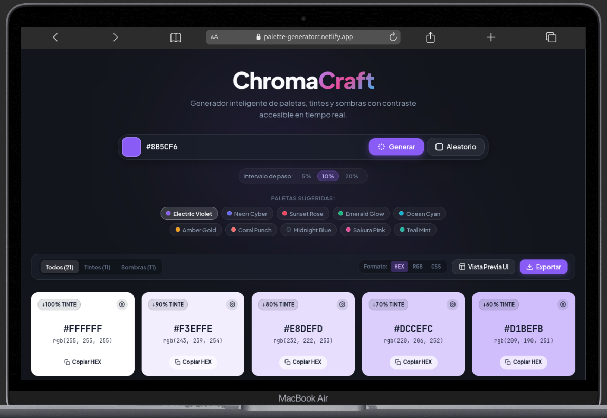 Interfaz principal del generador de paletas ChromaCraft