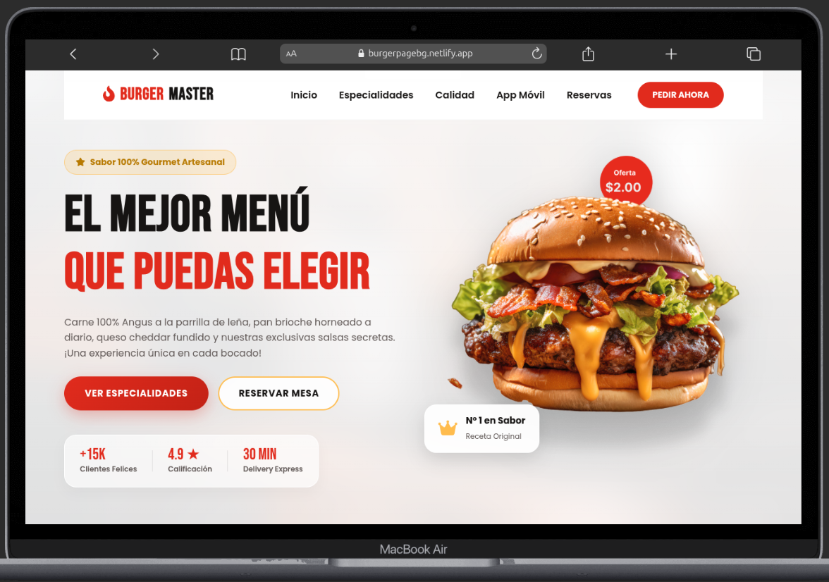 Pantalla principal de la landing page de Burger Master con hamburguesa y call to action